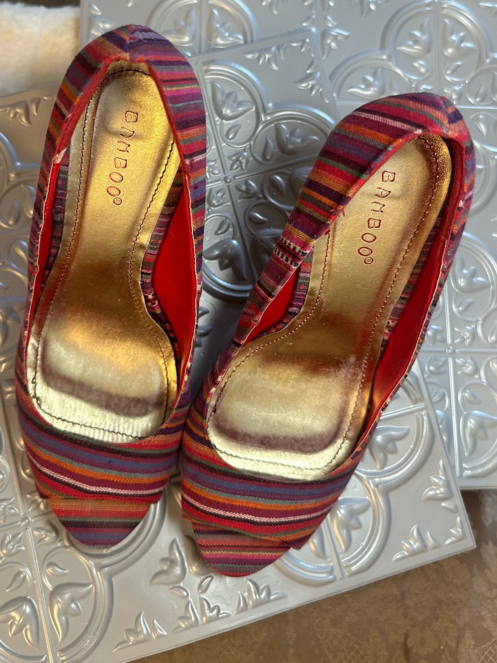 Bamboo Multicolor Striped Cork Platform Peep Toe Heels Size 8.5 Boho Pumps - Picture 3 of 13